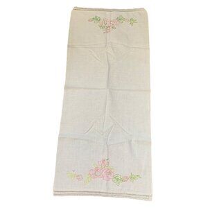 Hand-Embroidered Floral Table Runner with Delicate Pink Roses & Green Leaves